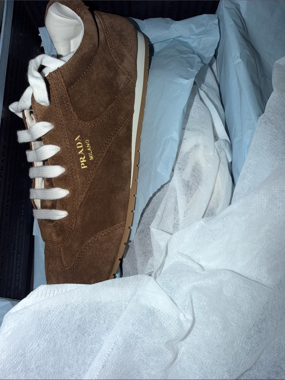 Prada Brown Suede Sz 41 Sneaker with White Laces